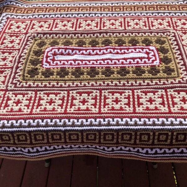 Reds, browns, tan, beige, Cozy Cuddles Mosaic Crochet Blanket